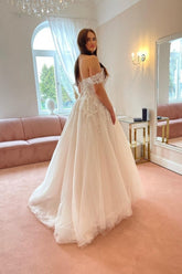 Charming Off the Shoulder Strapless A-Line Lace Tulle Wedding Dress